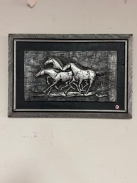 Framed Silver Relief Wall Art Of Three Running Horses