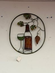 Metal Wall Art Wine Bottle Glass Grapes Oval Frame
