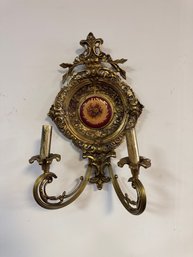 Ornate Gilt Metal Two-arm Wall Sconce With Floral Porcelain Center