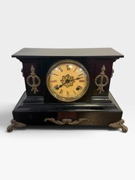 Black Ebonized Mantel Clock With Roman Dial And Gilt Metal Mounts, 17 X 5.5 X 10