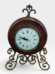 Round Wood Table Clock On Scrolled Iron Stand With Fleur-de-lis Finial