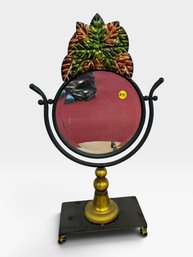 Tabletop Vanity Mirror With Metal Leaf Crest And Gold Pedestal