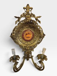 Gilt Two-arm Wall Sconce With Painted Porcelain Medallion, 12 X 21