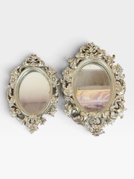 Pair Of Silver Rococo Oval Wall Mirrors, Floral And Scroll Frames, Two Sizes.