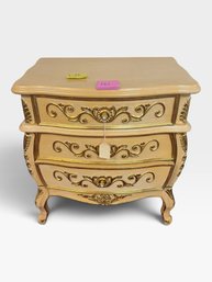 Cream And Gold French Bombe Chest, Three Carved Drawers, Cabriole Feet, L 18½' × W 28¼' × H 29'.