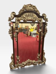 Large Ornate Silver & Dark Wood Baroque Mirror, Shell Crest, 42.5 X 71