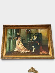 Framed Oil Painting Victorian Interior Scene, Woman In Pink Gown & Couple At Screen, 41 X 30