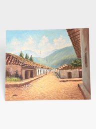 Oil On Canvas, Cobblestone Village Street & Mountains, Signed R. Perez, 24 X 20