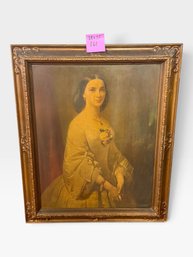 Framed Portrait Of A Woman In Gold Gown With Flowers, Signed, 28 X 35