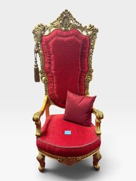 Rococo Gold Throne Chair, Red Damask Upholstery & Tassel, 33 X 28 X 80