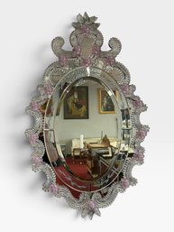 Venetian Etched Oval Mirror, Pink Glass Flowers And Scroll Crest, 23' X 35'