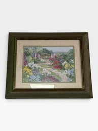 Framed Garden Path Floral Print, Bench And Flowers, Ribbed Green Frame, 21 × 25 In.