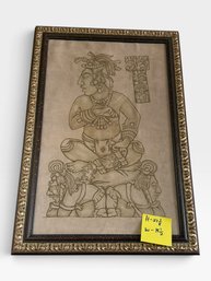 Mayan/Aztec Style Embossed Seated Figure Artwork, Ornate Gold Frame, 27½ × 18½ In