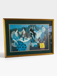 Art Deco Women At Tea Painting, Blue Palette, Gold Frame, Green Mat, 22 × 30 In.