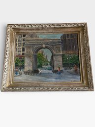 Oil Of Washington Square Arch, Signed C. Geraci, Distressed White Frame, 21 × 25 In.