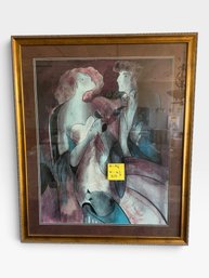 Art Deco Couple Print, Stylized Figures And Flower, Gold Frame, 37¼ × 31½ In.