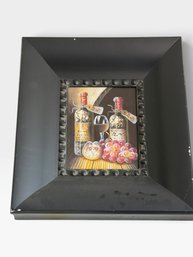Wine Still Life, Bottles, Glass, And Grapes, Black Beaded Shadowbox Frame, 19½ × 17 In.
