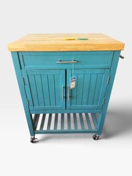 Teal Kitchen Cart, Butcher-block Top, Drawer, Two Doors, Slat Shelf, Casters, 22  36 In. W $