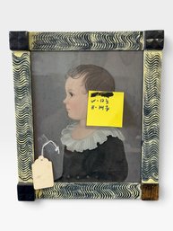 Child Profile Portrait, Ruffled Collar, Black-and-cream Wavy Frame, 12½ × 14½ In.