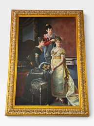 Victorian Women Dressing The Bride, Oil Painting Signed Ben Harris, Ornate Gold Frame, 30 × 43 In.
