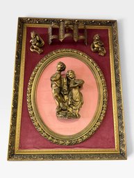 Gilt Cherub Wall Plaque, Oval Relief Of Two Children, Burgundy Mat, 35  48 In.