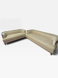 Antique Recreations Cream Upholstered Sofa Pair With Gold Rails. Longer 84 × 33 × 29 In, Shorter 68 × 31 × 29