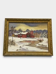 Winter Farm With Red Barn, Oil Painting Signed H. Bayer, Gold Frame, 28 × 22 In.