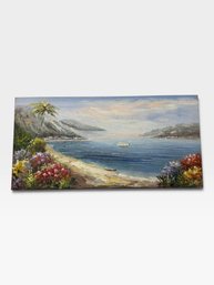 48x24 Oil On Canvas, Mediterranean Bay With Palm, Yacht, Village, And Flower Foreground.