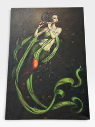 24x36 Oil On Canvas, Woman Playing A Flute With Green Ribbons On A Dark Ground.