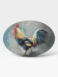 26x20 Oval Canvas, Colorful Rooster On Gray-blue Ground.