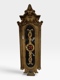 17x53 Carved Wood Mosaic Panel, Twisted Inlay And Red Flower On Black Tile.
