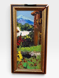 Framed Mountain And Adobe Landscape, Oil, Frame Chipped At Corner, 10 X 19
