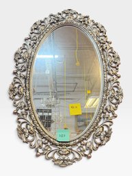 Silver Rococo Oval Mirror, Scrolled Crest And Drops, 47 X 31