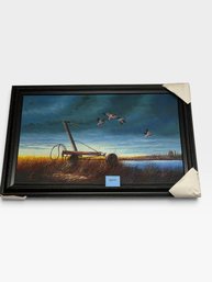 Framed Oil Painting, Geese Over Marsh With Antique Farm Implement, 39 X 40