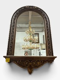 Large Arched Bronze Mirror With Carved Shelf, 44 X 63