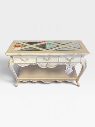 Cream Console Table, Mirrored Diamond Top, Three Drawers, Lower Shelf