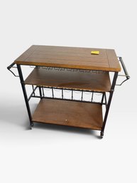 Wood And Iron Rolling Bar Cart, Wine Rack, Stemware Rail