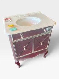 30' Mirrored Burgundy Vanity Cream Marble Top Oval Sink Crystal Knobs