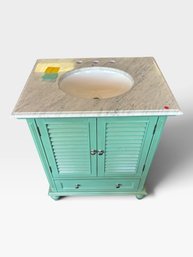 Teal Louvered Double-door Bathroom Vanity With Marble Top And Oval Sink, 30×22×37 In.