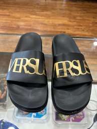 Versus Versace Men's Black Gold Logo Platform Slides Sandals Made Italy Size 43