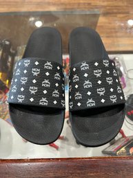 MCM Monogram Print Rubber Slides Black White Visetos Men's Size 44 Designer