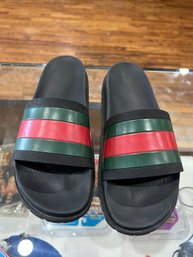 Gucci Rubber Web Stripe Black Red Green Slide Sandals Men's Size 10 Italy
