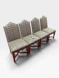 Set Of 4 Traditional Dining Chairs, Teal Plaid Upholstery, Carved Wood Frames And Stretchers, 22' × 22' × 44'.