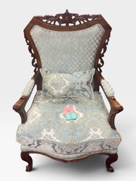 Carved Wood Armchair, Blue Damask Upholstery, 30' L × 25' W × 46' H