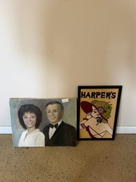 Artwork Pair: Unframed Oil Portrait Of A Couple & Framed Harper's Bazar Needlepoint Artwork