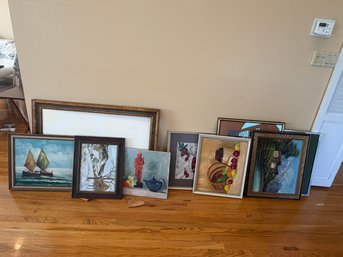 Lot Of Framed Artwork & Paintings — 9+ Pieces, Leaning Group