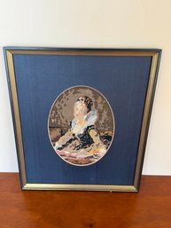 Framed Needlepoint Oval Portrait Of A Woman On Navy Mat