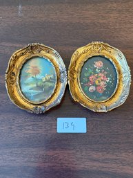 Pair Of Small Oval Paintings In Ornate Gilt Frames (Landscape & Floral)