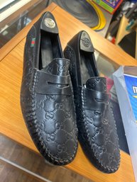 Gucci Guccissima Black Leather GG Monogram Penny Driver Loafers Men's 8.5