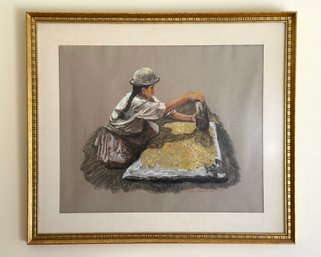 Framed Pastel Painting - Woman Grinding Grain/Corn